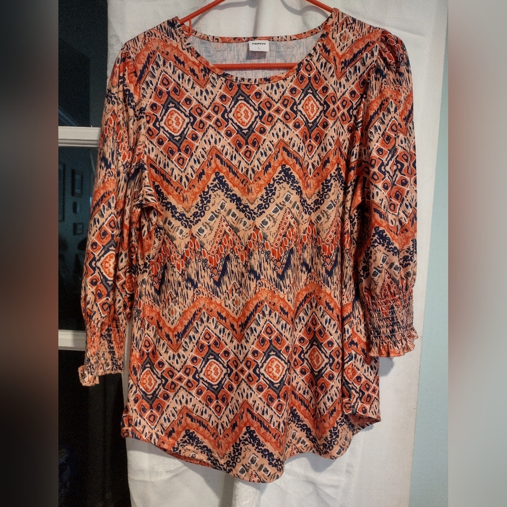 Xieerduo Large women's Top Orange Blue 3/4 Sleeves Shirred Cuffs Fall